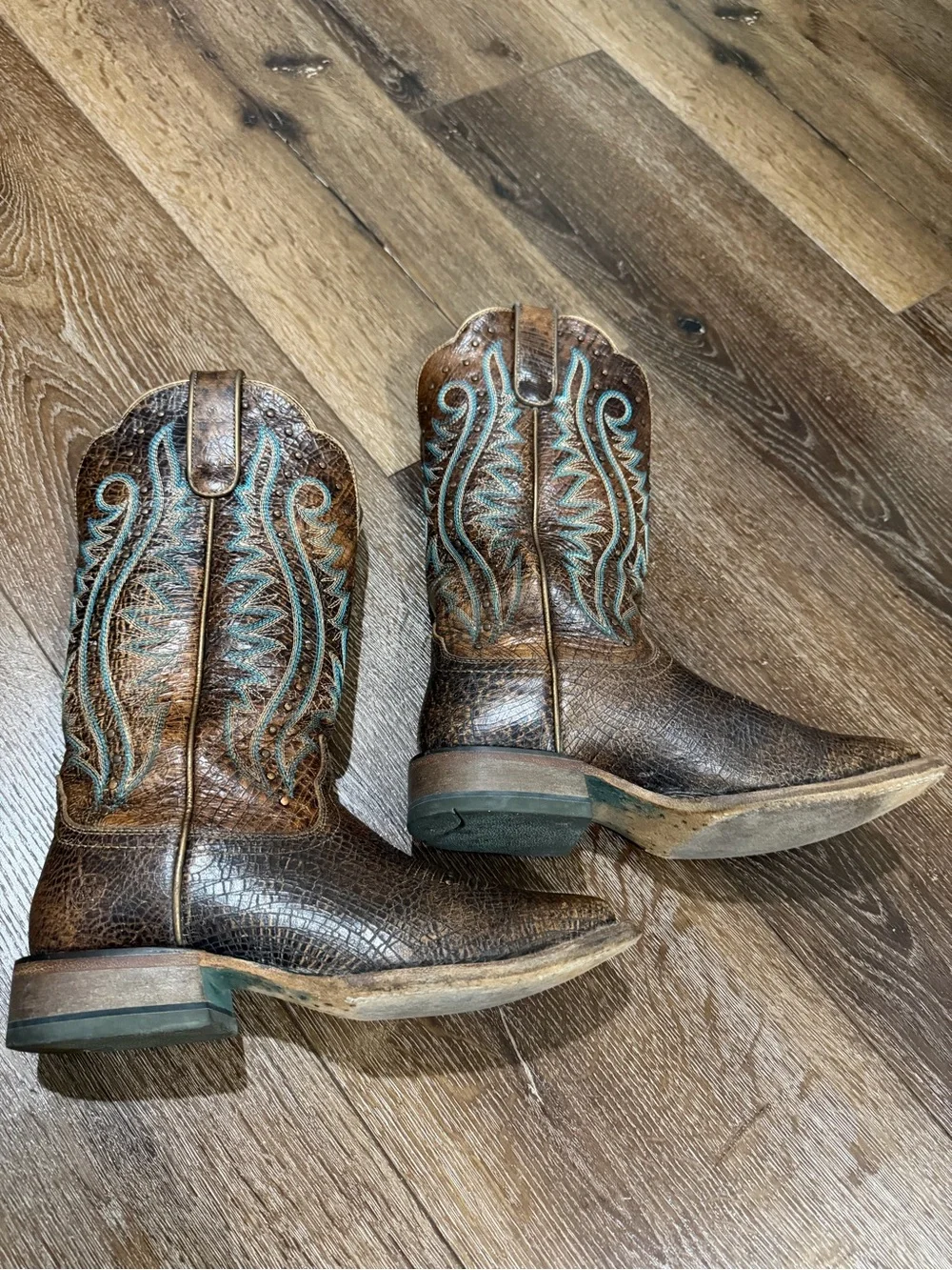 Ariat Brown montage crackle Western Cowboy Boots Turquoise Stitching size 7.5